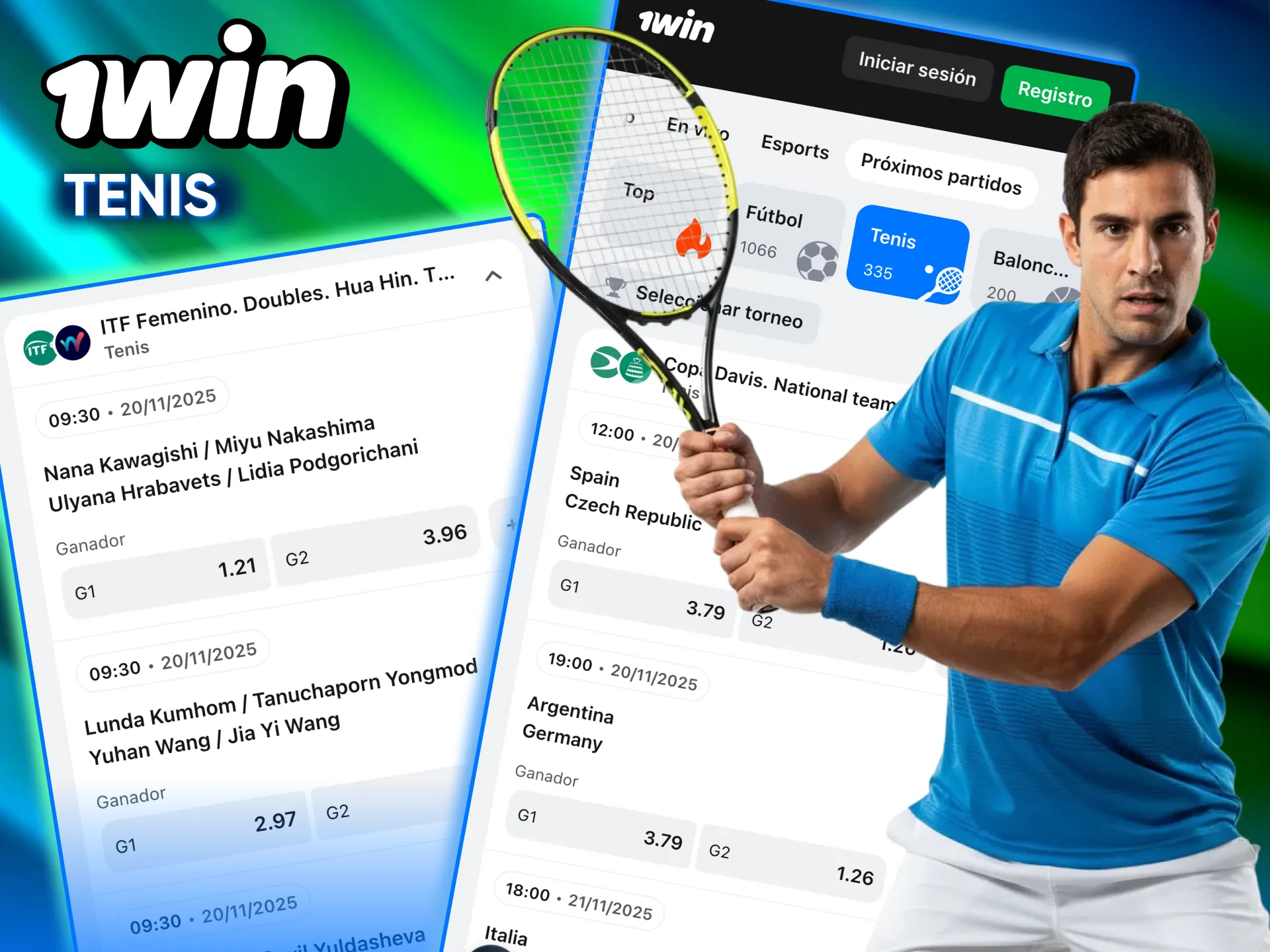 Apuestas de sets y partidos disponibles en la sección de tenis de 1win.