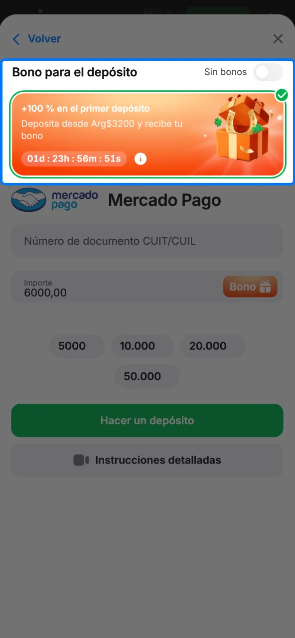 Primer beneficio activo en 1win.