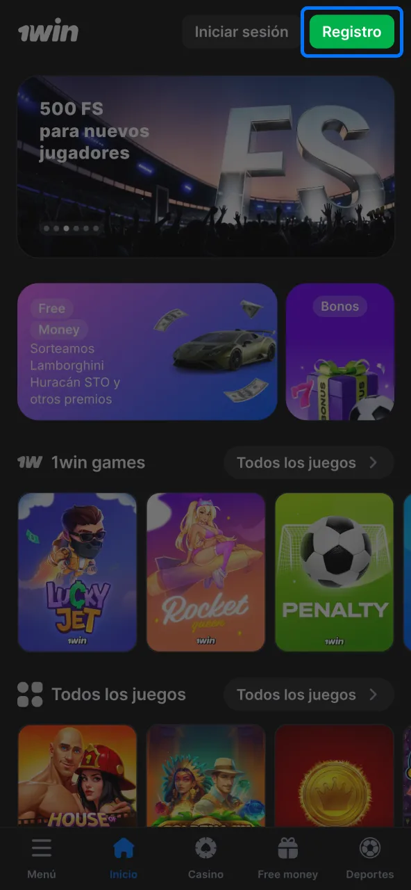 Registro rápido en 1win desde el botón.