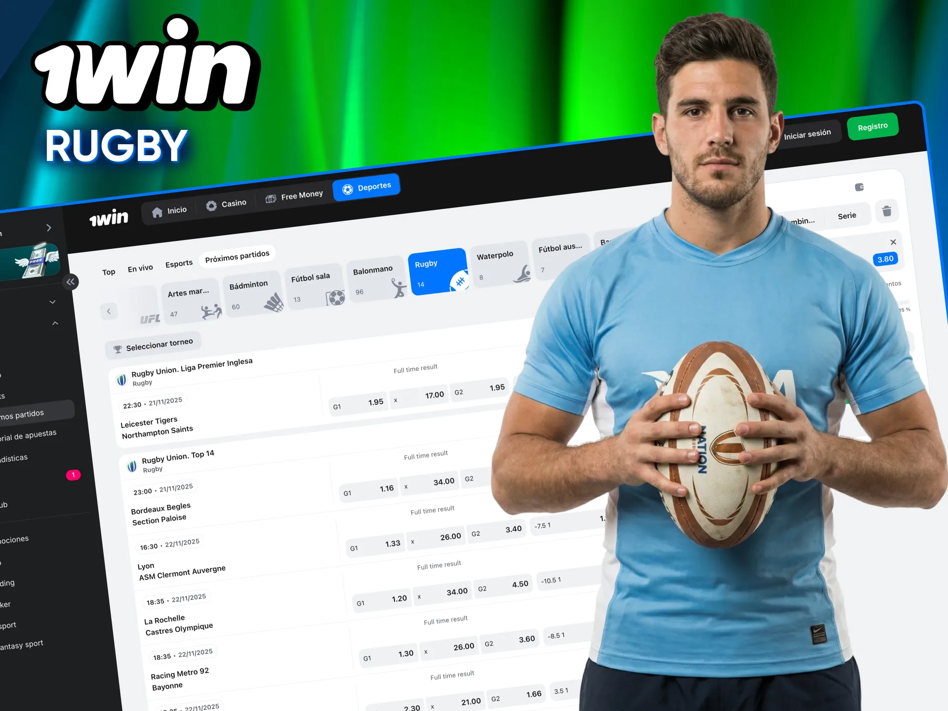 Totales de puntos y hándicaps en rugby 1win.