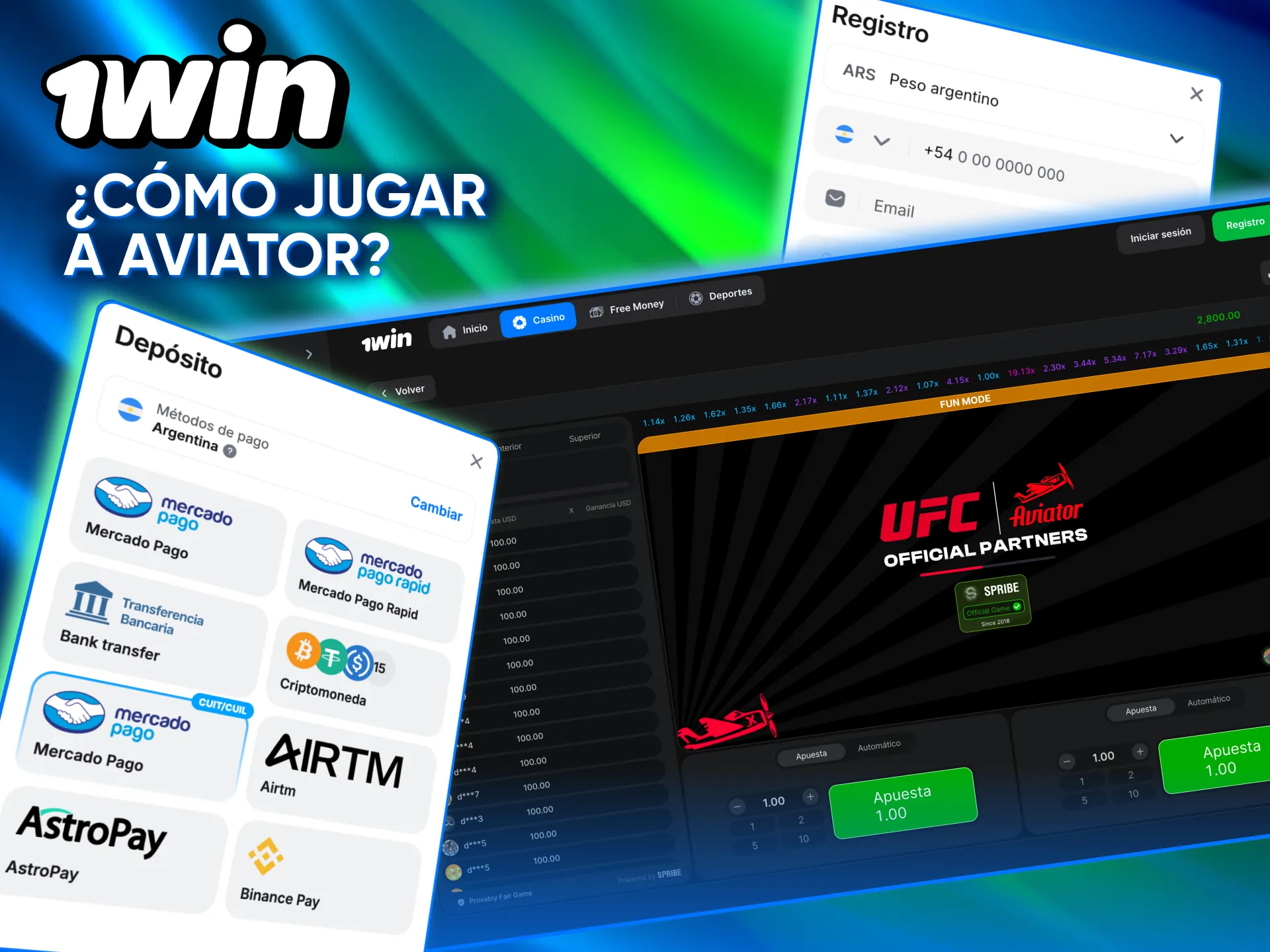 En 1win regístrate, deposita y disfruta Aviator desde cualquier dispositivo.