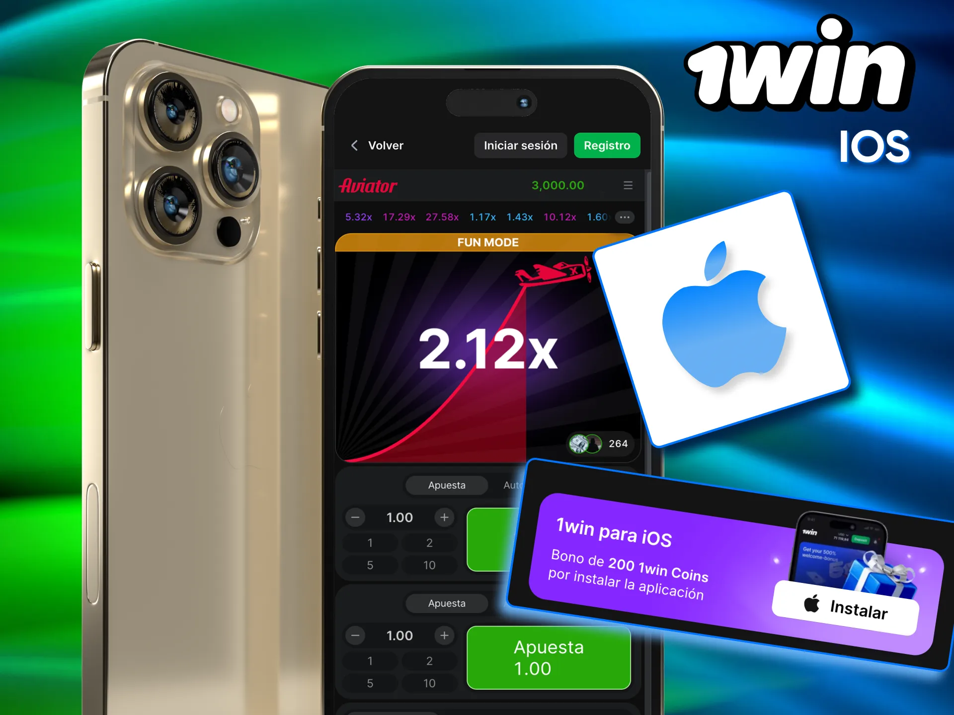 Aviator disponible en 1win iOS mediante ícono en pantalla principal.
