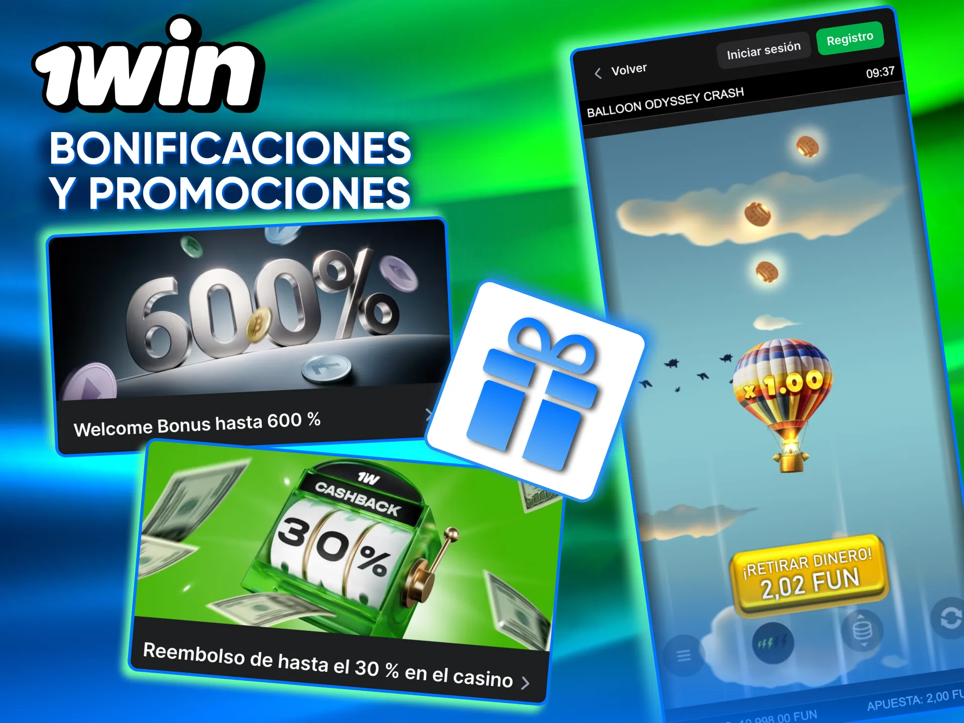 Bonificaciones de bienvenida y reembolsos semanales en Balloon de 1win Argentina.
