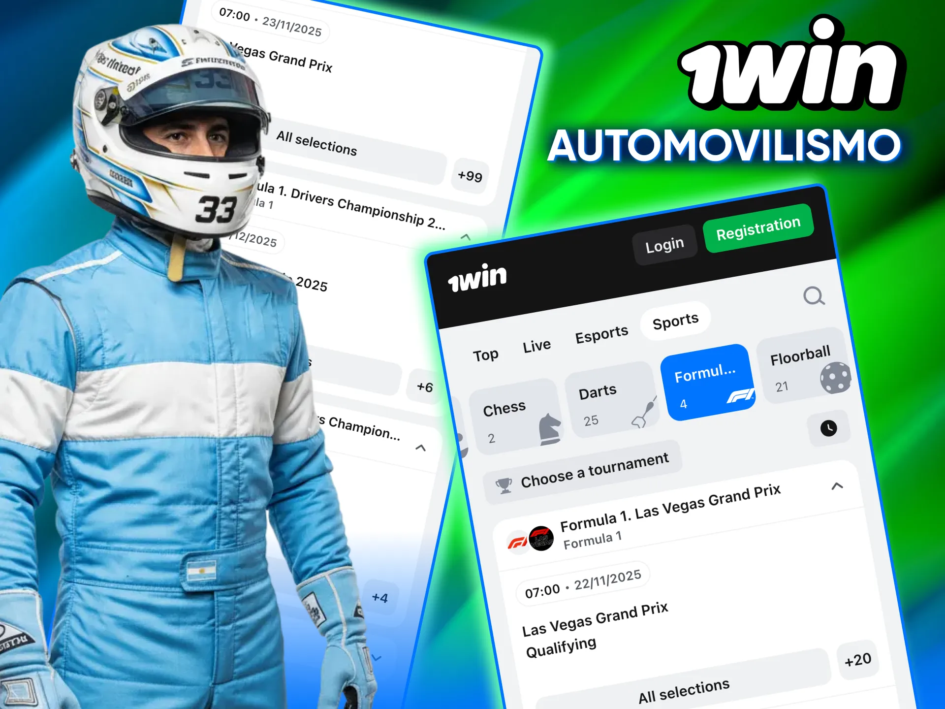 En 1win Argentina apuestas de automovilismo con mercados de carrera y podio final.