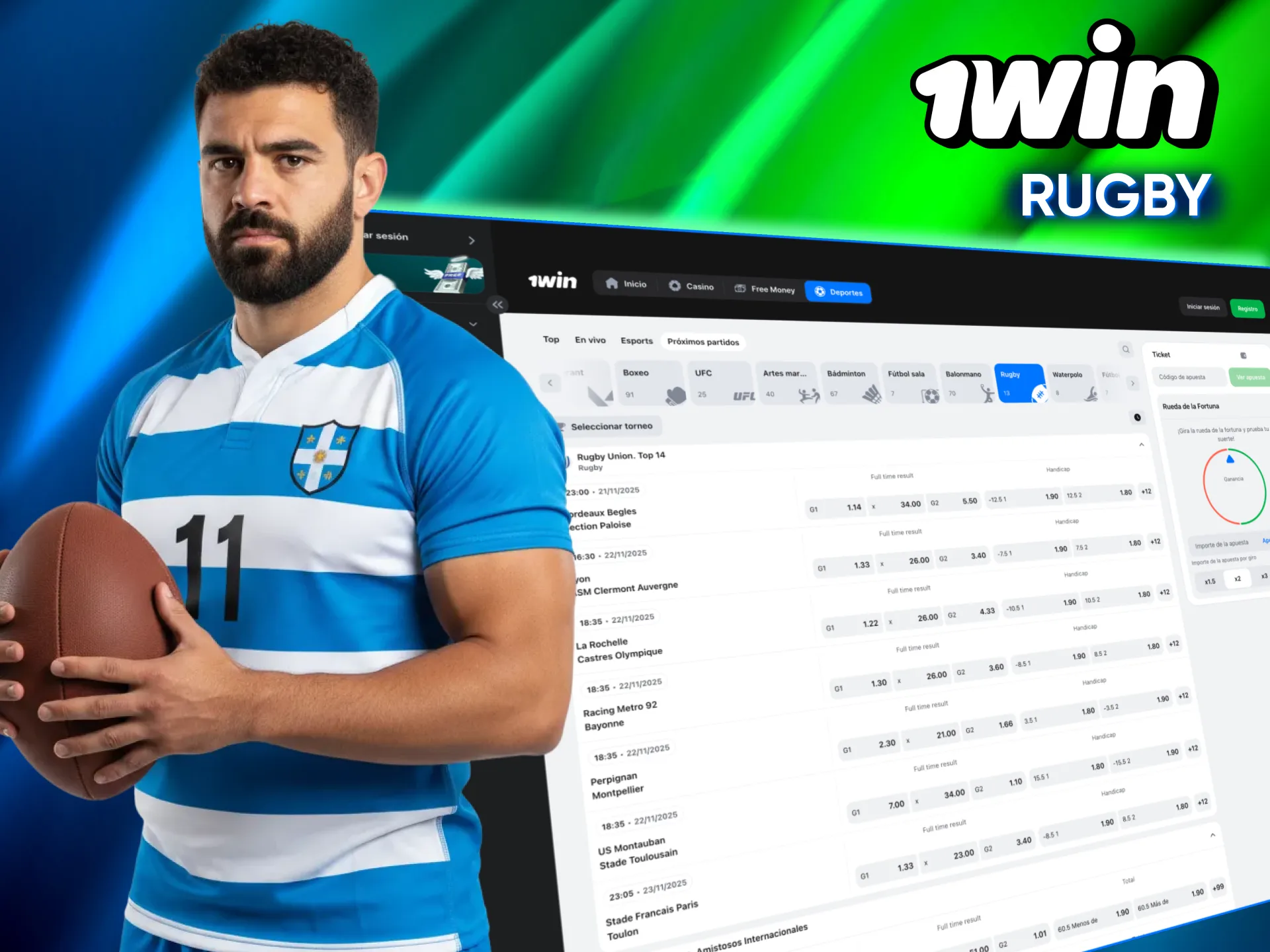 Con la aplicación oficial de 1win puedes apostar al primer equipo en anotar en rugby.